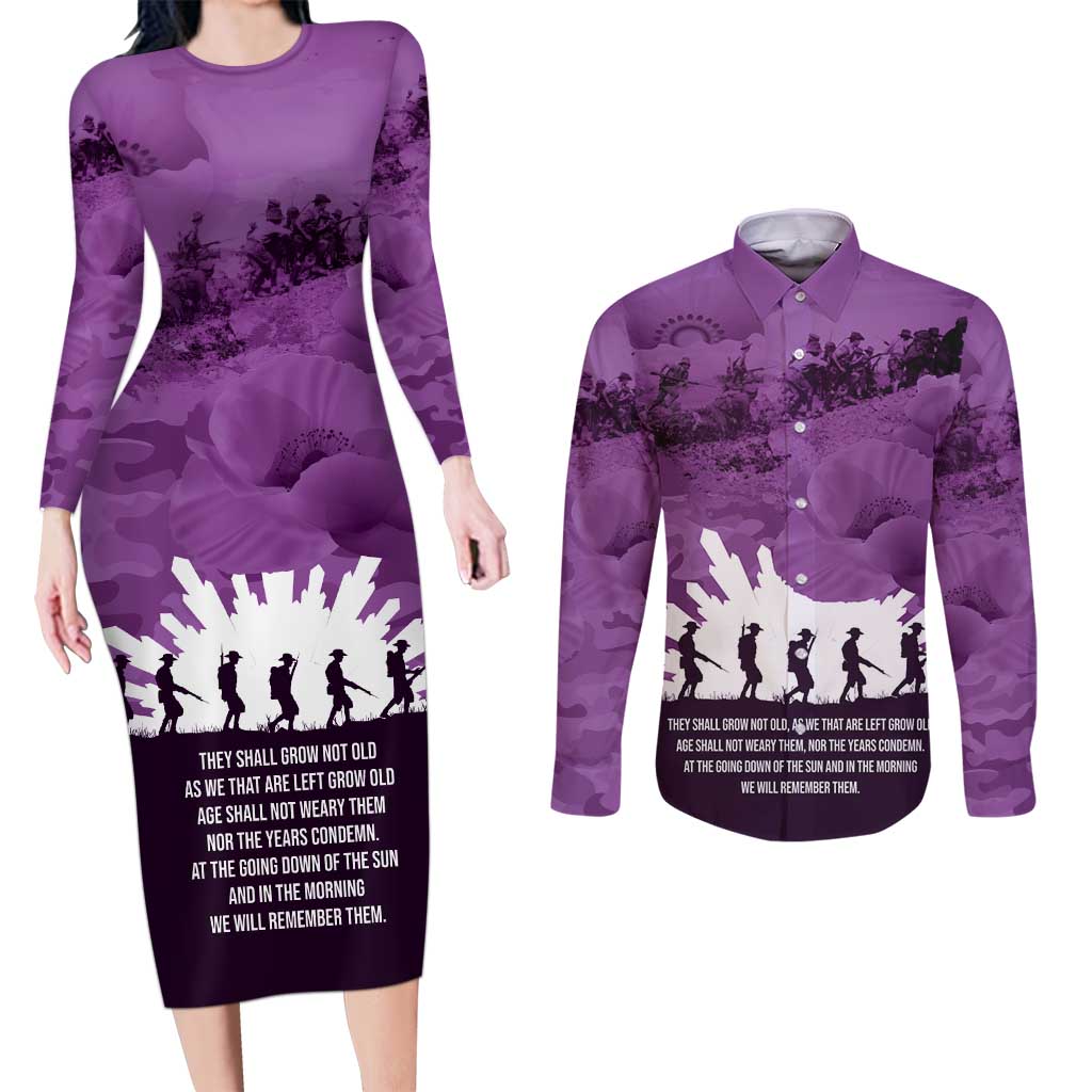 Anzac Day Gallipoli Personalised Couples Matching Long Sleeve Bodycon Dress and Long Sleeve Button Shirt Purple Poppy Flowers LT9 Purple - Polynesian Pride