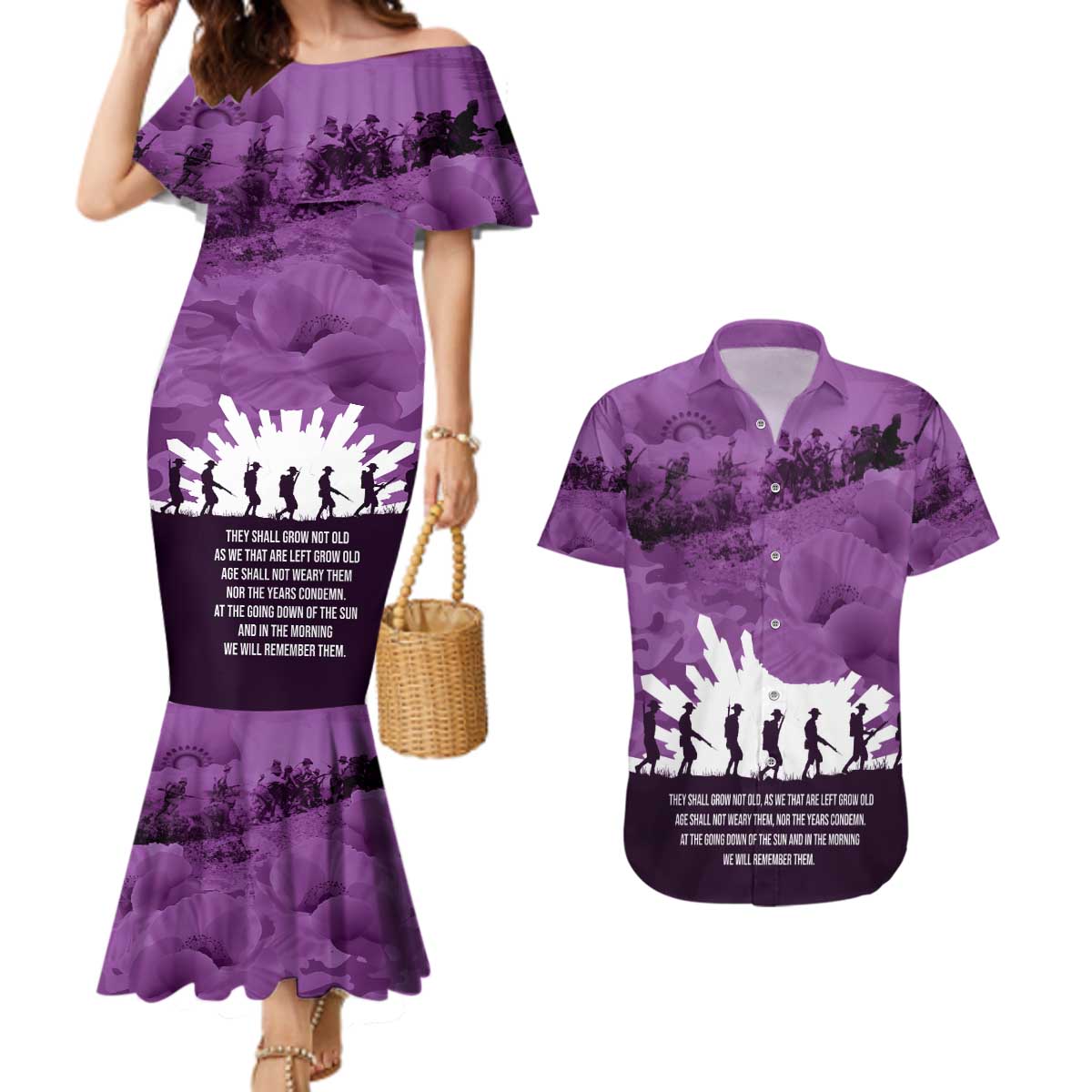 Anzac Day Gallipoli Personalised Couples Matching Mermaid Dress and Hawaiian Shirt Purple Poppy Flowers