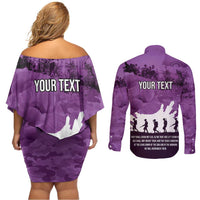 Anzac Day Gallipoli Personalised Couples Matching Off Shoulder Short Dress and Long Sleeve Button Shirt Purple Poppy Flowers