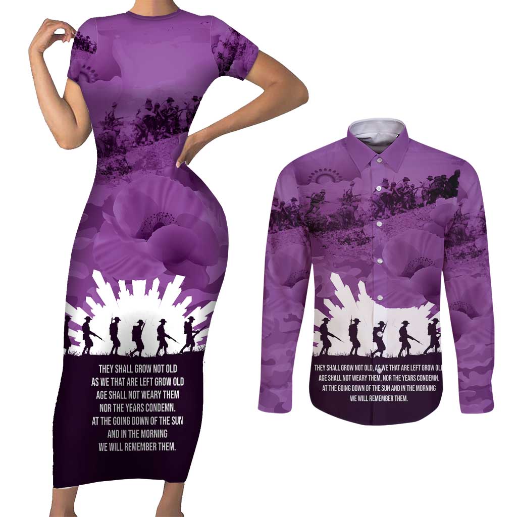 Anzac Day Gallipoli Personalised Couples Matching Short Sleeve Bodycon Dress and Long Sleeve Button Shirt Purple Poppy Flowers LT9 Purple - Polynesian Pride