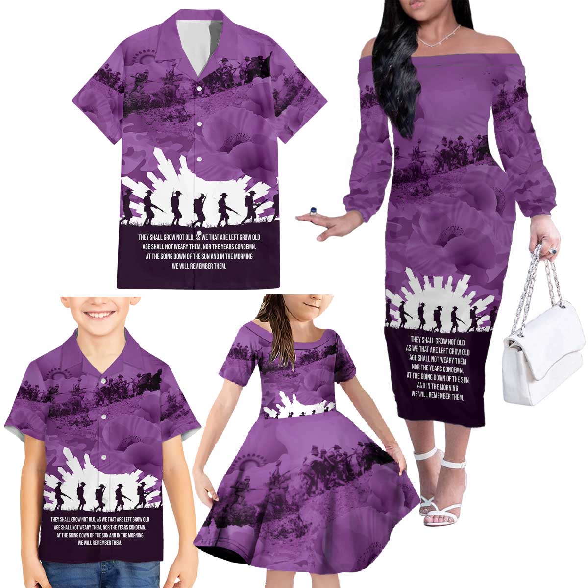 Anzac Day Gallipoli Personalised Family Matching Off The Shoulder Long Sleeve Dress and Hawaiian Shirt Purple Poppy Flowers