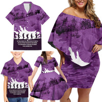 Anzac Day Gallipoli Personalised Family Matching Off Shoulder Short Dress and Hawaiian Shirt Purple Poppy Flowers
