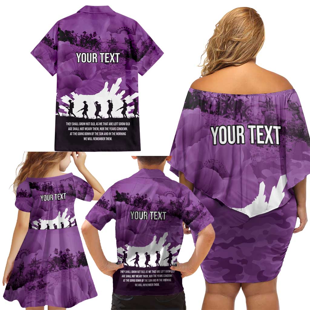 Anzac Day Gallipoli Personalised Family Matching Off Shoulder Short Dress and Hawaiian Shirt Purple Poppy Flowers