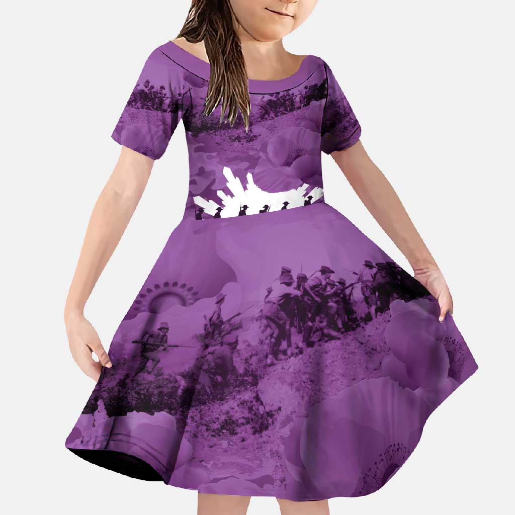 Anzac Day Gallipoli Personalised Family Matching Short Sleeve Bodycon Dress and Hawaiian Shirt Purple Poppy Flowers