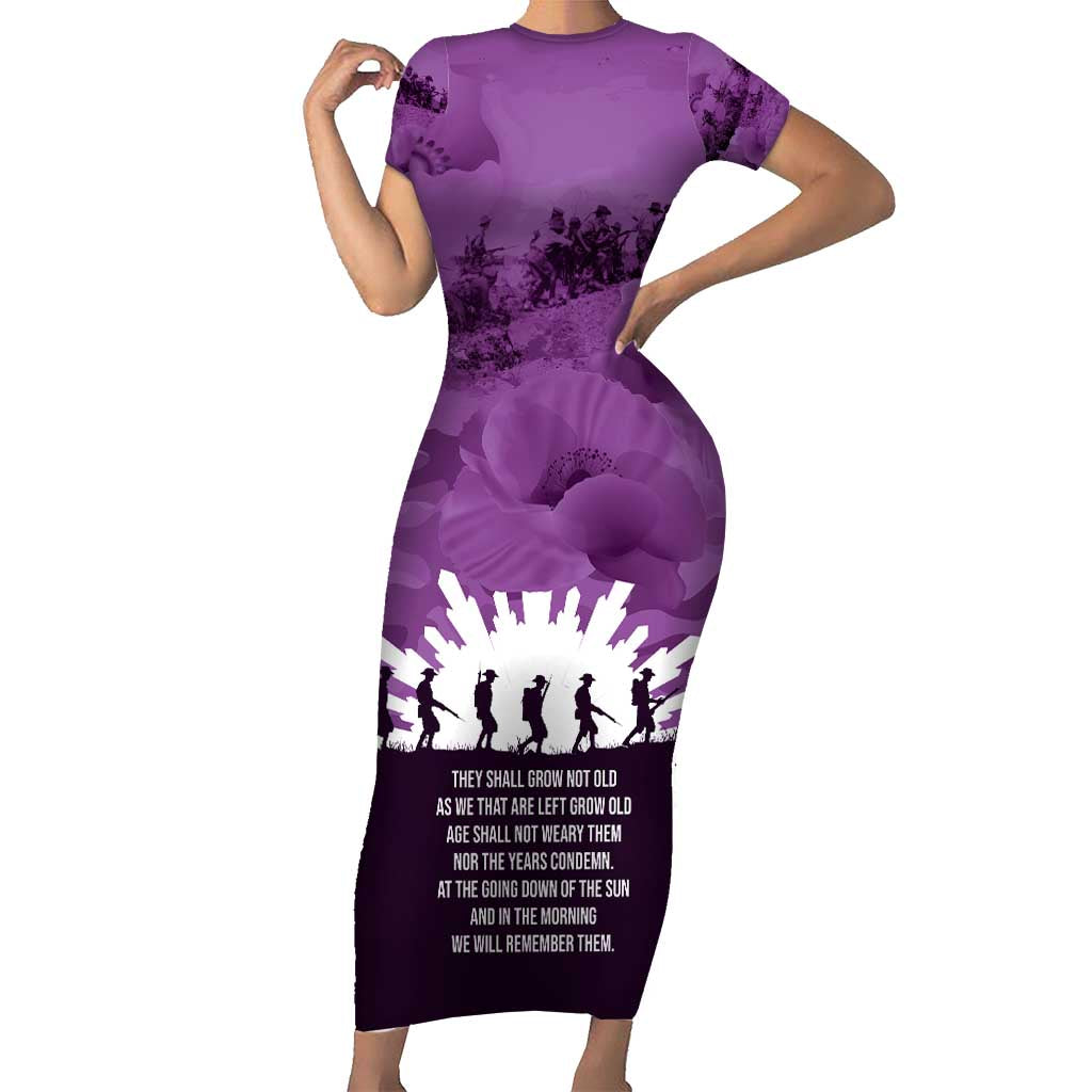 Anzac Day Gallipoli Personalised Short Sleeve Bodycon Dress Purple Poppy Flowers