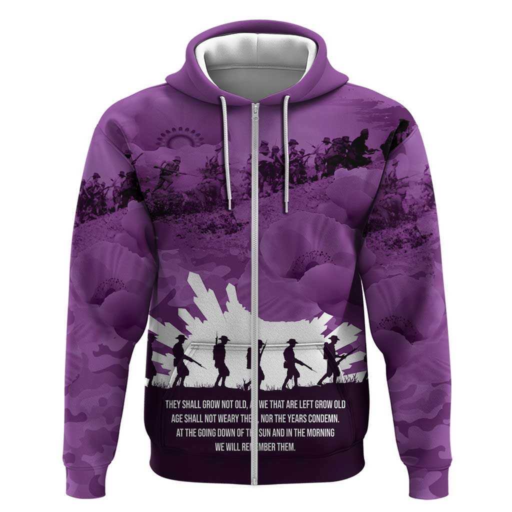 Anzac Day Gallipoli Personalised Zip Hoodie Purple Poppy Flowers