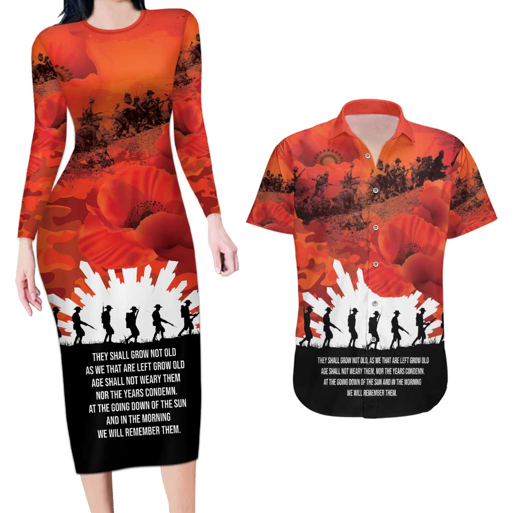 Anzac Day Gallipoli Personalised Couples Matching Long Sleeve Bodycon Dress and Hawaiian Shirt Red Poppy Flowers