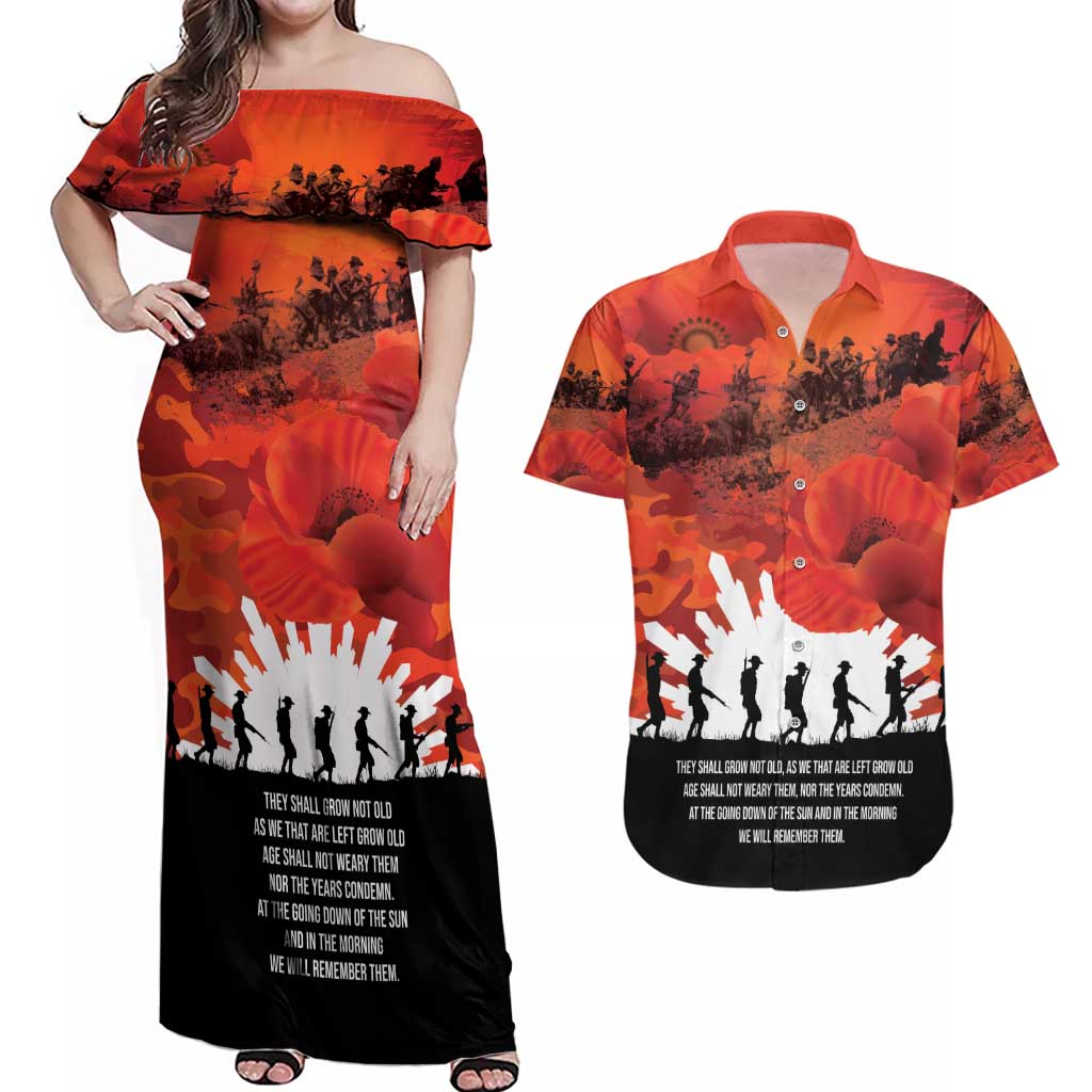 Anzac Day Gallipoli Personalised Couples Matching Off Shoulder Maxi Dress and Hawaiian Shirt Red Poppy Flowers