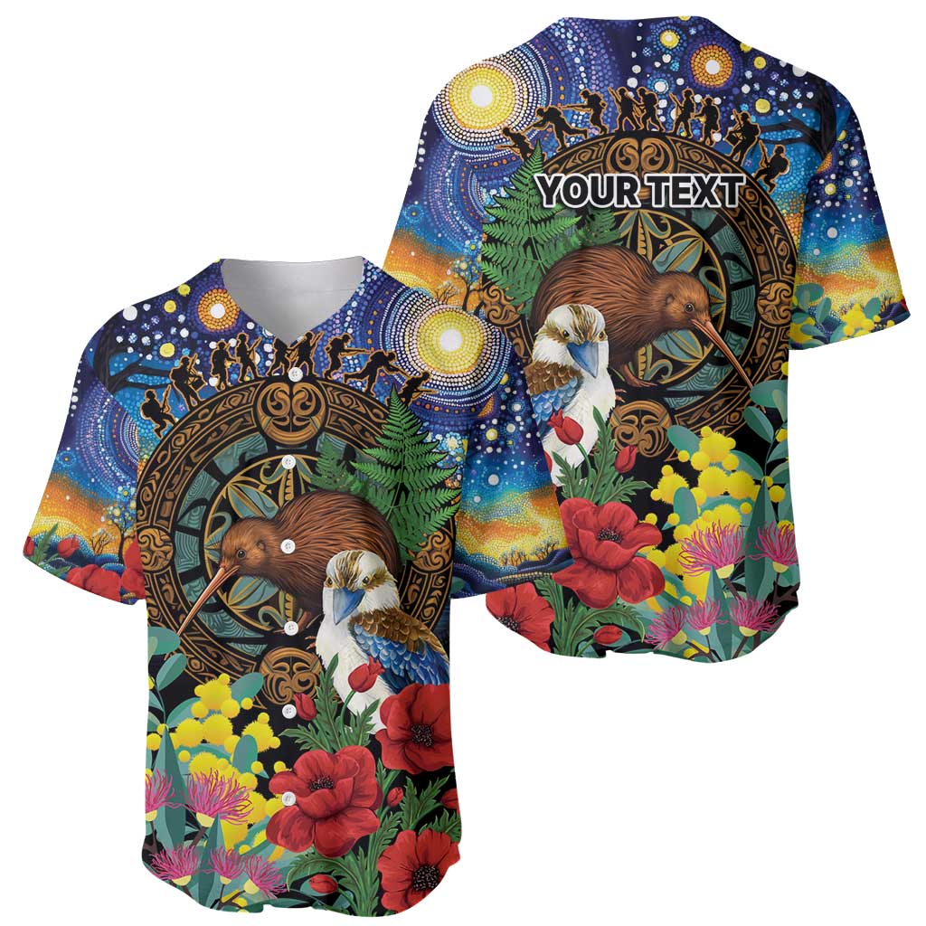 Kiwi-Kookaburra Bird ANZAC Personalised Baseball Jersey Aussie Golden Wattle Poppy Flowers