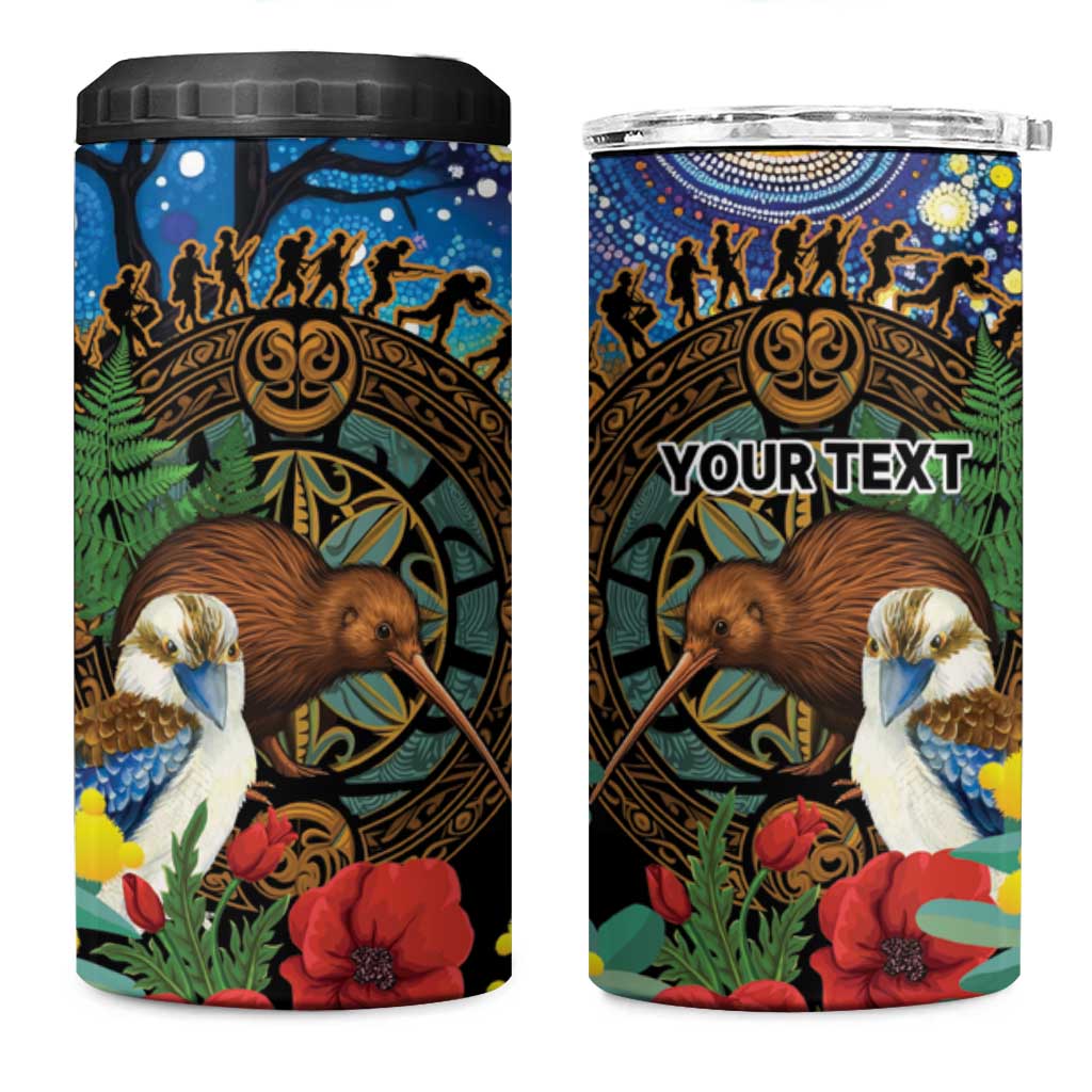 Kiwi-Kookaburra Bird ANZAC Personalised 4 in 1 Can Cooler Tumbler Aussie Golden Wattle Poppy Folowers