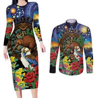 Kiwi-Kookaburra Bird ANZAC Personalised Couples Matching Long Sleeve Bodycon Dress and Long Sleeve Button Shirt Aussie Golden Wattle Poppy Flowers