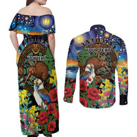 Kiwi-Kookaburra Bird ANZAC Personalised Couples Matching Off Shoulder Maxi Dress and Long Sleeve Button Shirt Aussie Golden Wattle Poppy Flowers