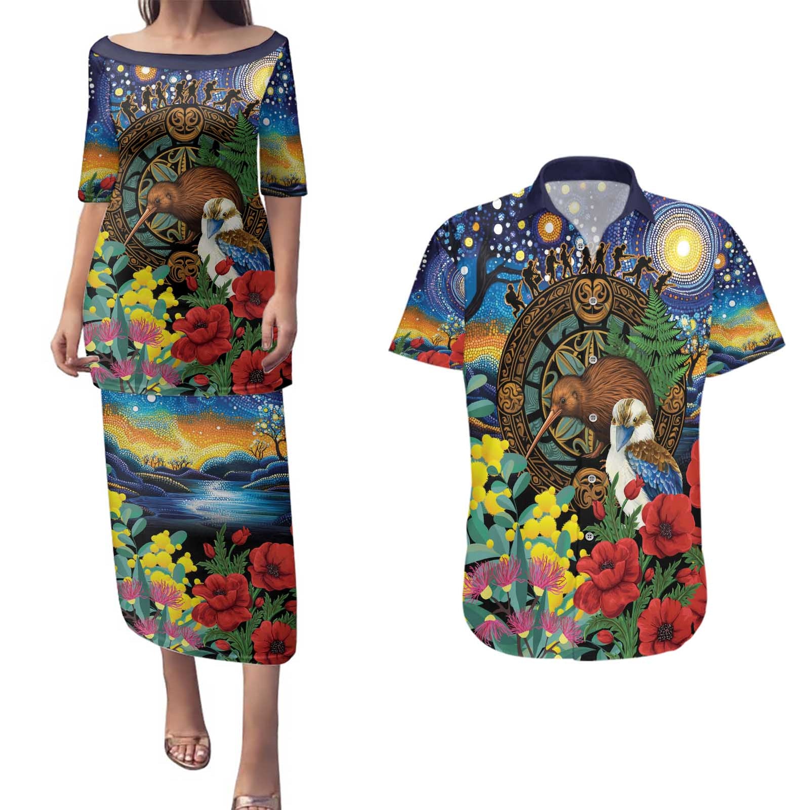 Kiwi-Kookaburra Bird ANZAC Personalised Couples Matching Puletasi and Hawaiian Shirt Aussie Golden Wattle Poppy Flowers
