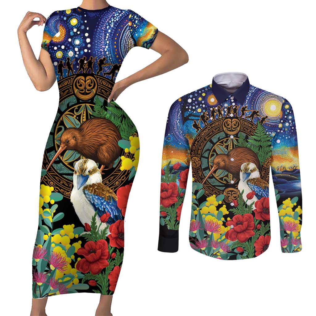 Kiwi-Kookaburra Bird ANZAC Personalised Couples Matching Short Sleeve Bodycon Dress and Long Sleeve Button Shirt Aussie Golden Wattle Poppy Flowers