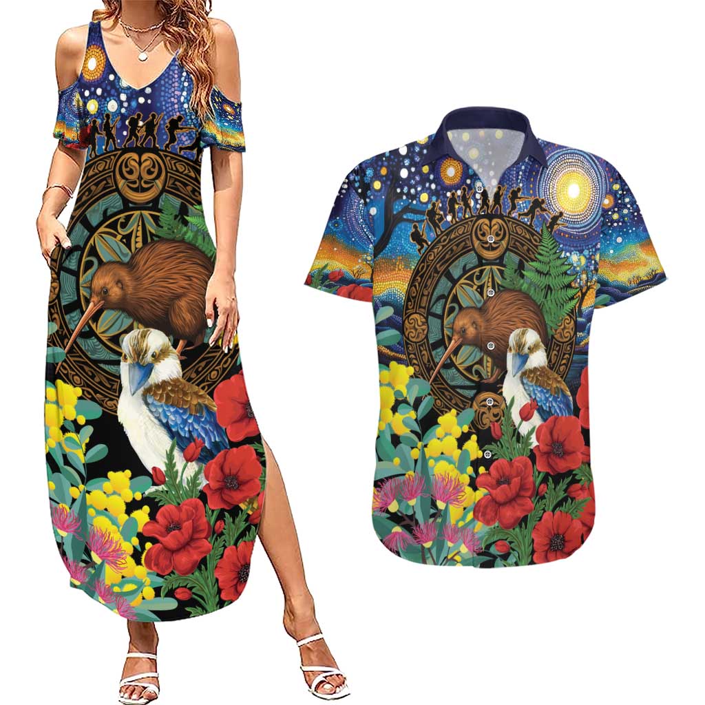 Kiwi-Kookaburra Bird ANZAC Personalised Couples Matching Summer Maxi Dress and Hawaiian Shirt Aussie Golden Wattle Poppy Flowers