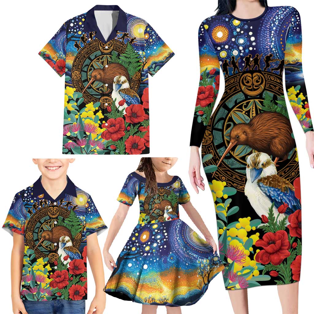 Kiwi-Kookaburra Bird ANZAC Personalised Family Matching Long Sleeve Bodycon Dress and Hawaiian Shirt Aussie Golden Wattle Poppy Flowers
