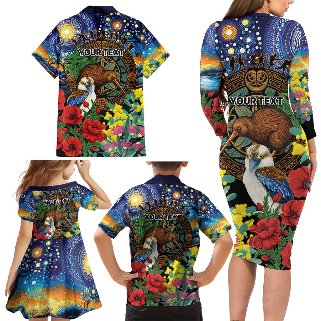 Kiwi-Kookaburra Bird ANZAC Personalised Family Matching Long Sleeve Bodycon Dress and Hawaiian Shirt Aussie Golden Wattle Poppy Flowers