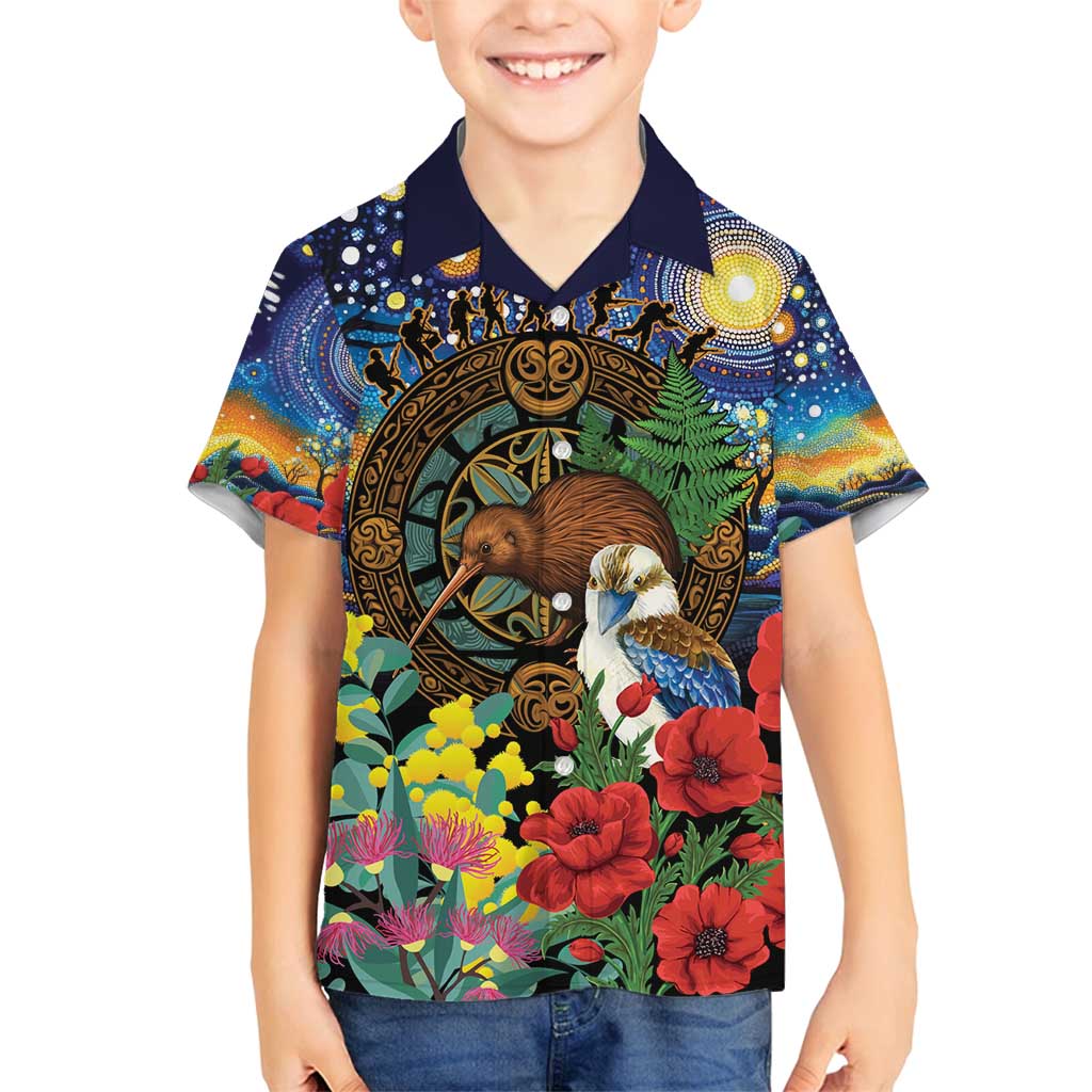 Kiwi-Kookaburra Bird ANZAC Personalised Family Matching Long Sleeve Bodycon Dress and Hawaiian Shirt Aussie Golden Wattle Poppy Flowers