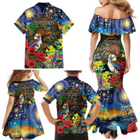 Kiwi-Kookaburra Bird ANZAC Personalised Family Matching Mermaid Dress and Hawaiian Shirt Aussie Golden Wattle Poppy Flowers