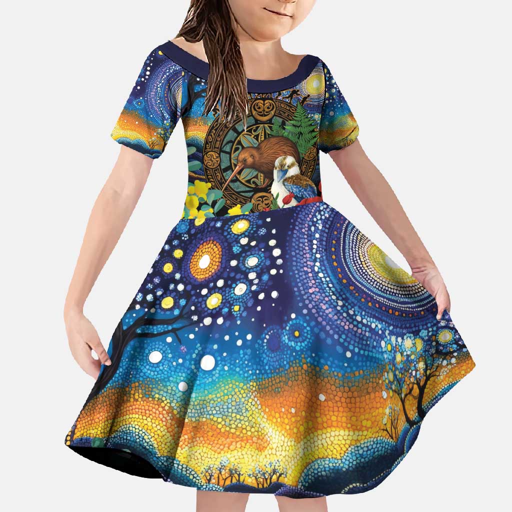 Kiwi-Kookaburra Bird ANZAC Personalised Family Matching Off Shoulder Maxi Dress and Hawaiian Shirt Aussie Golden Wattle Poppy Flowers