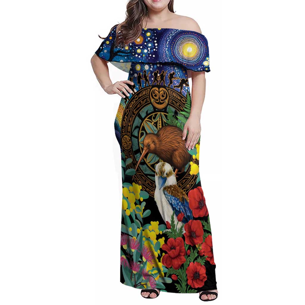 Kiwi-Kookaburra Bird ANZAC Personalised Family Matching Off Shoulder Maxi Dress and Hawaiian Shirt Aussie Golden Wattle Poppy Flowers