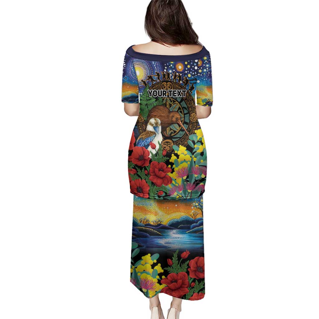 Kiwi-Kookaburra Bird ANZAC Personalised Family Matching Puletasi and Hawaiian Shirt Aussie Golden Wattle Poppy Flowers