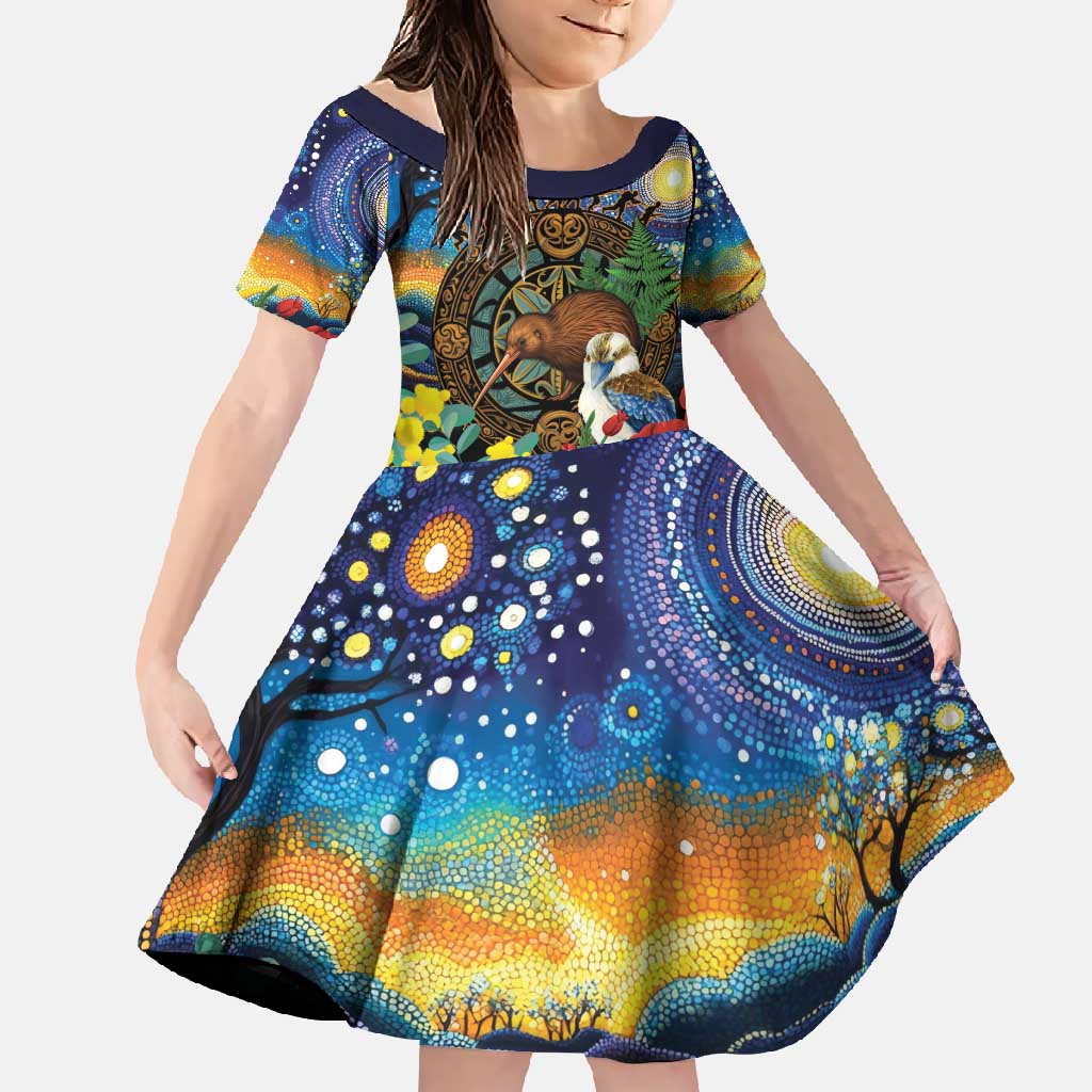 Kiwi-Kookaburra Bird ANZAC Personalised Family Matching Summer Maxi Dress and Hawaiian Shirt Aussie Golden Wattle Poppy Flowers