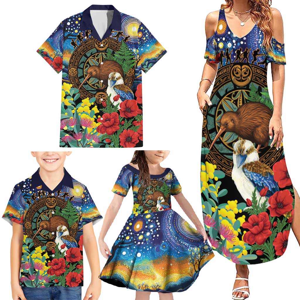 Kiwi-Kookaburra Bird ANZAC Personalised Family Matching Summer Maxi Dress and Hawaiian Shirt Aussie Golden Wattle Poppy Flowers