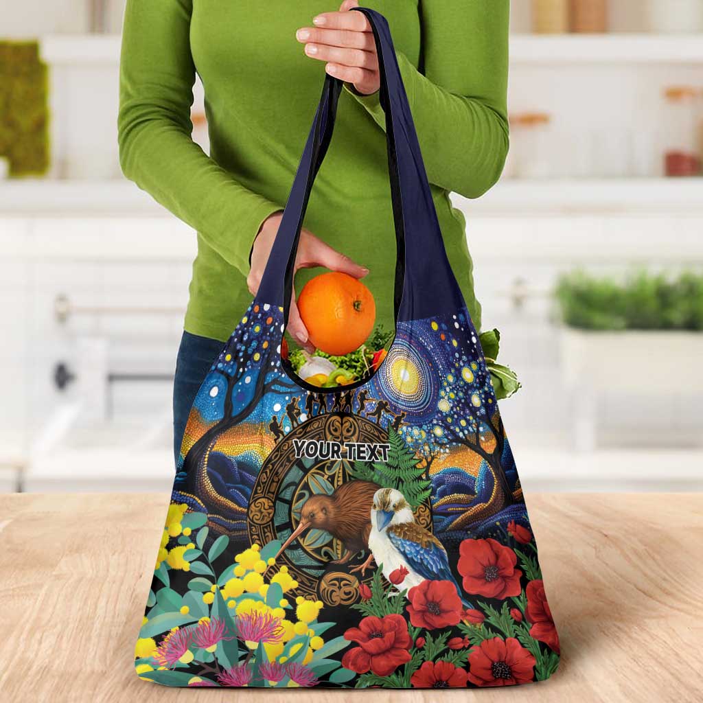 Kiwi-Kookaburra Bird ANZAC Personalised Grocery Bag Aussie Golden Wattle Poppy Flowers