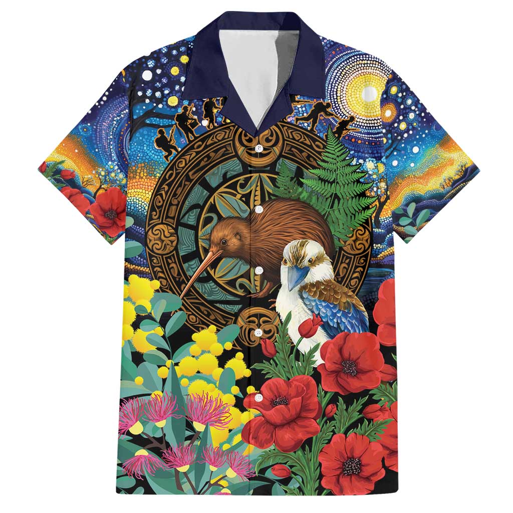 Kiwi-Kookaburra Bird ANZAC Personalised Hawaiian Shirt Aussie Golden Wattle Poppy Flowers