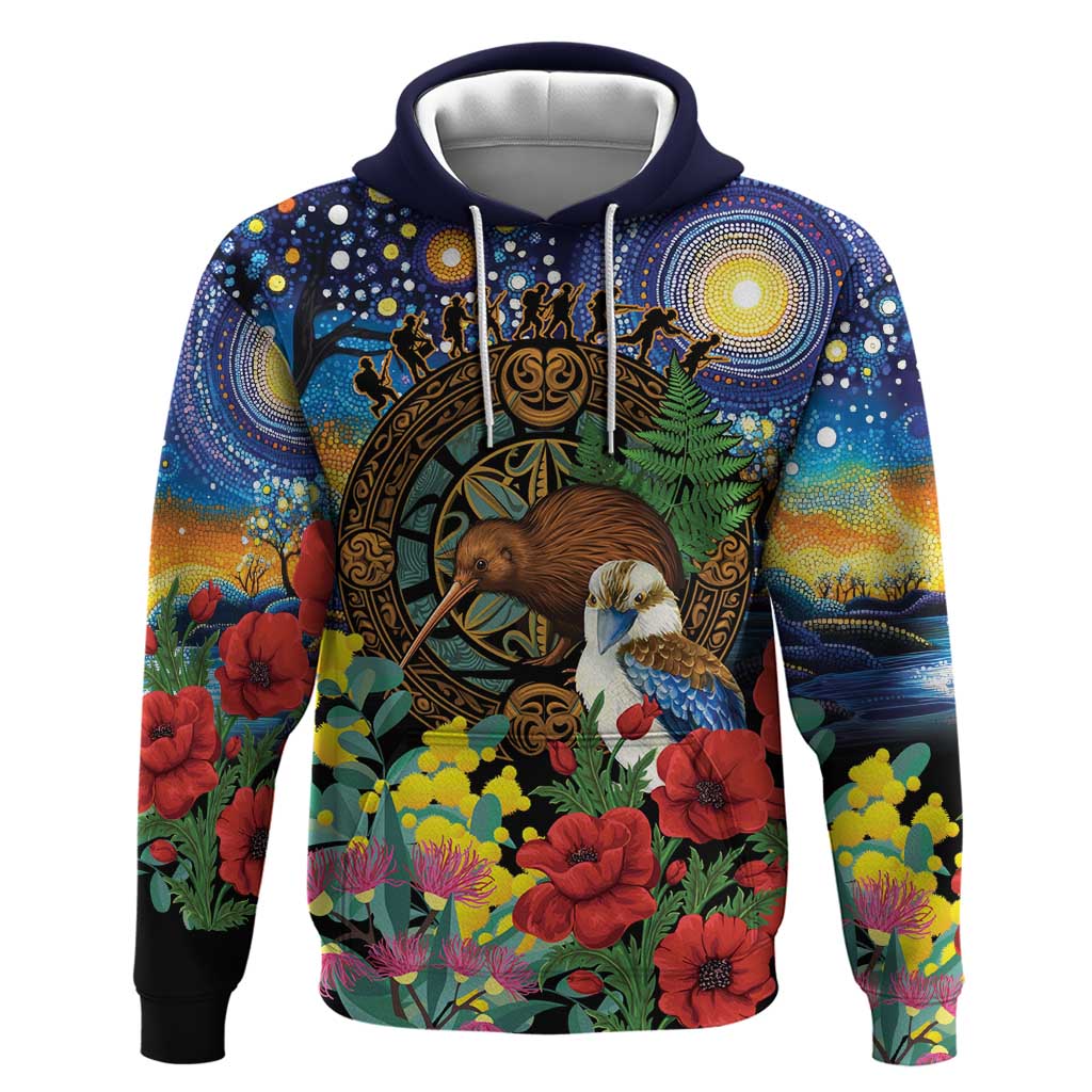 Kiwi-Kookaburra Bird ANZAC Personalised Hoodie Aussie Golden Wattle Poppy Flowers