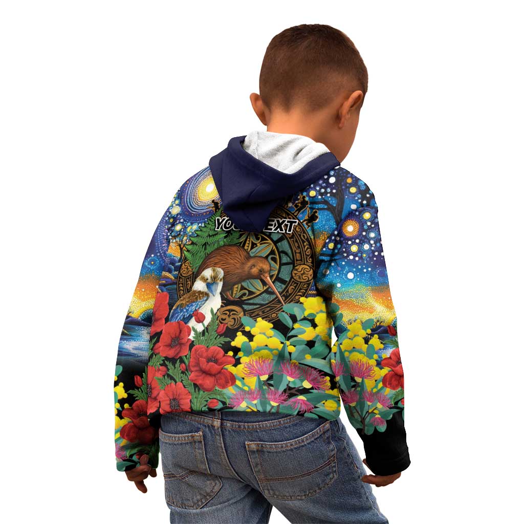 Kiwi-Kookaburra Bird ANZAC Personalised Kid Hoodie Aussie Golden Wattle Poppy Flowers