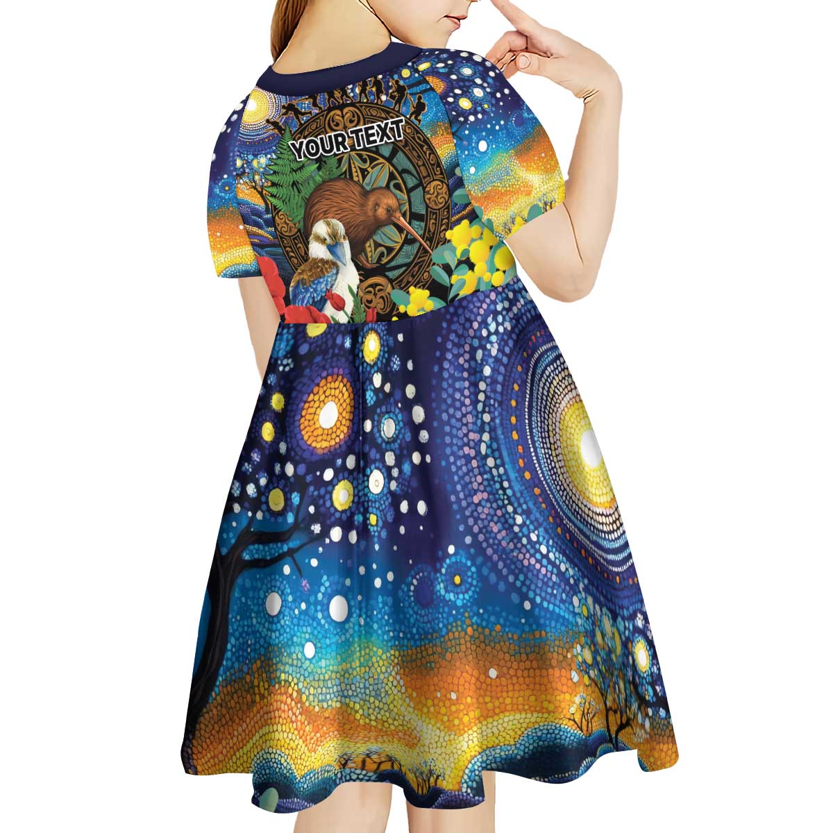 Kiwi-Kookaburra Bird ANZAC Personalised Kid Short Sleeve Dress Aussie Golden Wattle Poppy Flowers