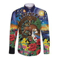 Kiwi-Kookaburra Bird ANZAC Personalised Long Sleeve Button Shirt Aussie Golden Wattle Poppy Flowers