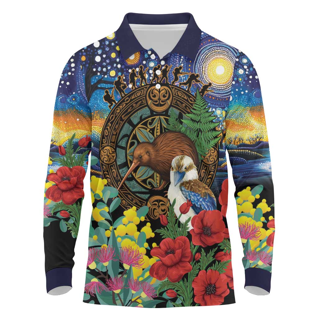 Kiwi-Kookaburra Bird ANZAC Personalised Long Sleeve Polo Shirt Aussie Golden Wattle Poppy Flowers