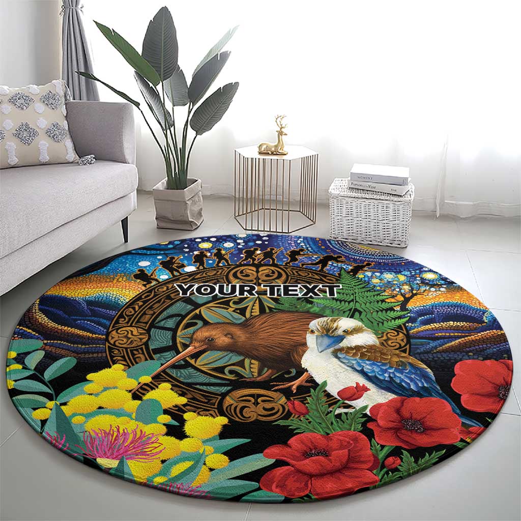 Kiwi-Kookaburra Bird ANZAC Personalised Round Carpet Aussie Golden Wattle Poppy Flowers