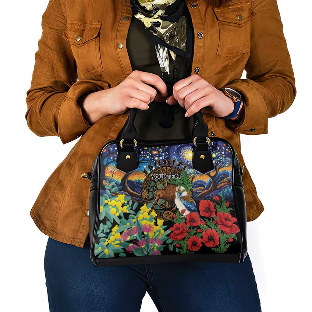 Kiwi-Kookaburra Bird ANZAC Personalised Shoulder Handbag Aussie Golden Wattle Poppy Flowers