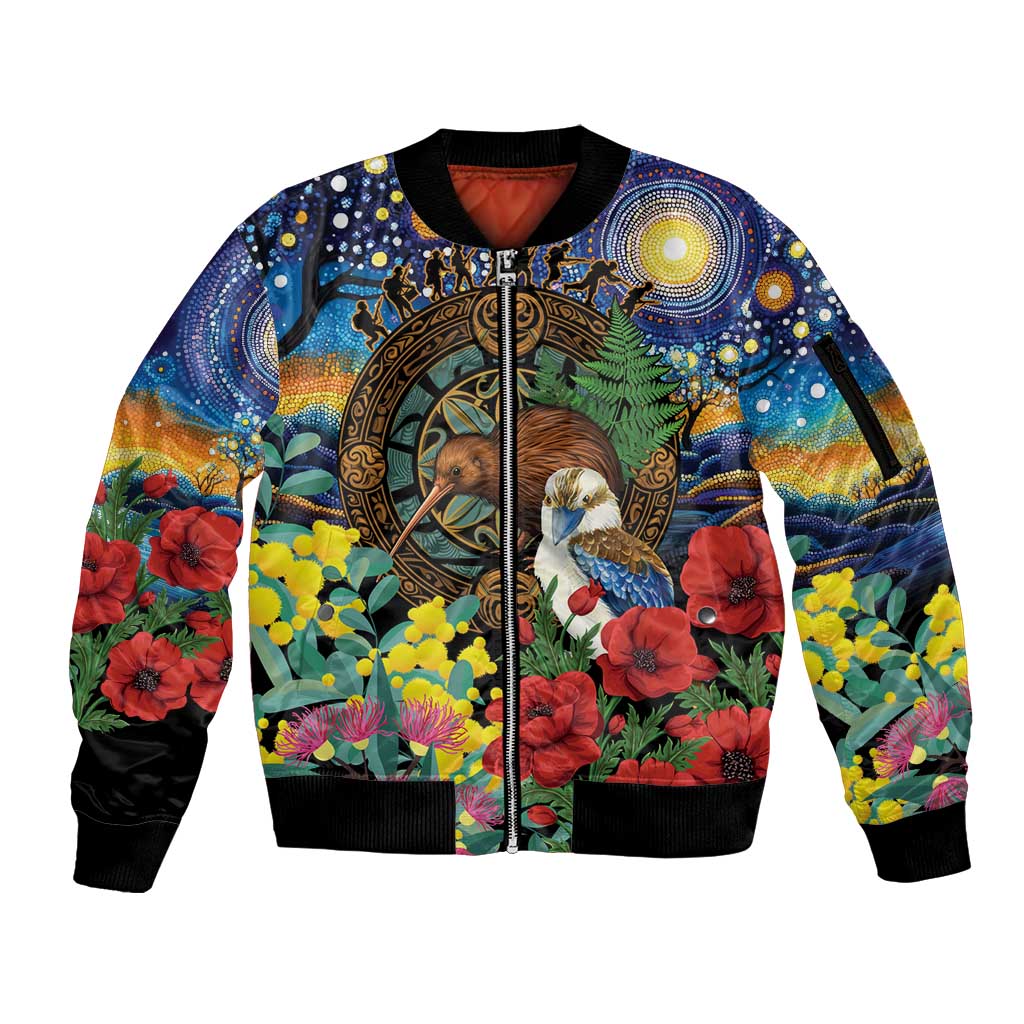 Kiwi-Kookaburra Bird ANZAC Personalised Sleeve Zip Bomber Jacket Aussie Golden Wattle Poppy Flowers