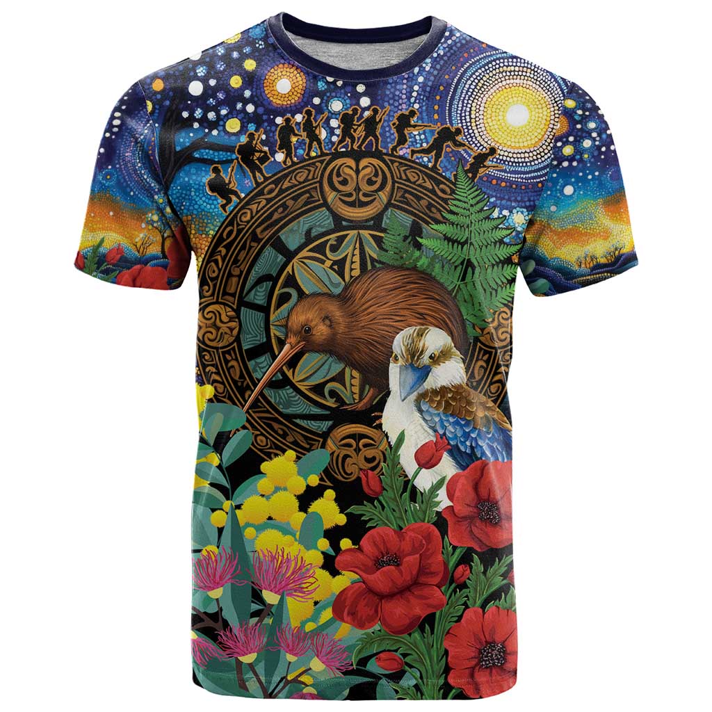 Kiwi-Kookaburra Bird ANZAC Personalised T Shirt Aussie Golden Wattle Poppy Flowers