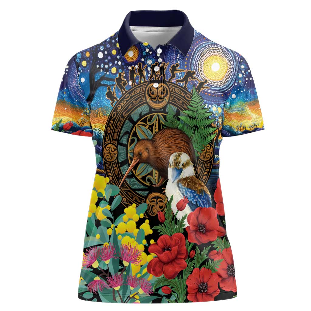 Kiwi-Kookaburra Bird ANZAC Personalised Women Polo Shirt Aussie Golden Wattle Poppy Flowers