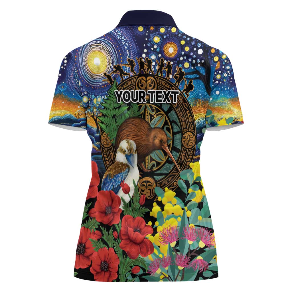 Kiwi-Kookaburra Bird ANZAC Personalised Women Polo Shirt Aussie Golden Wattle Poppy Flowers
