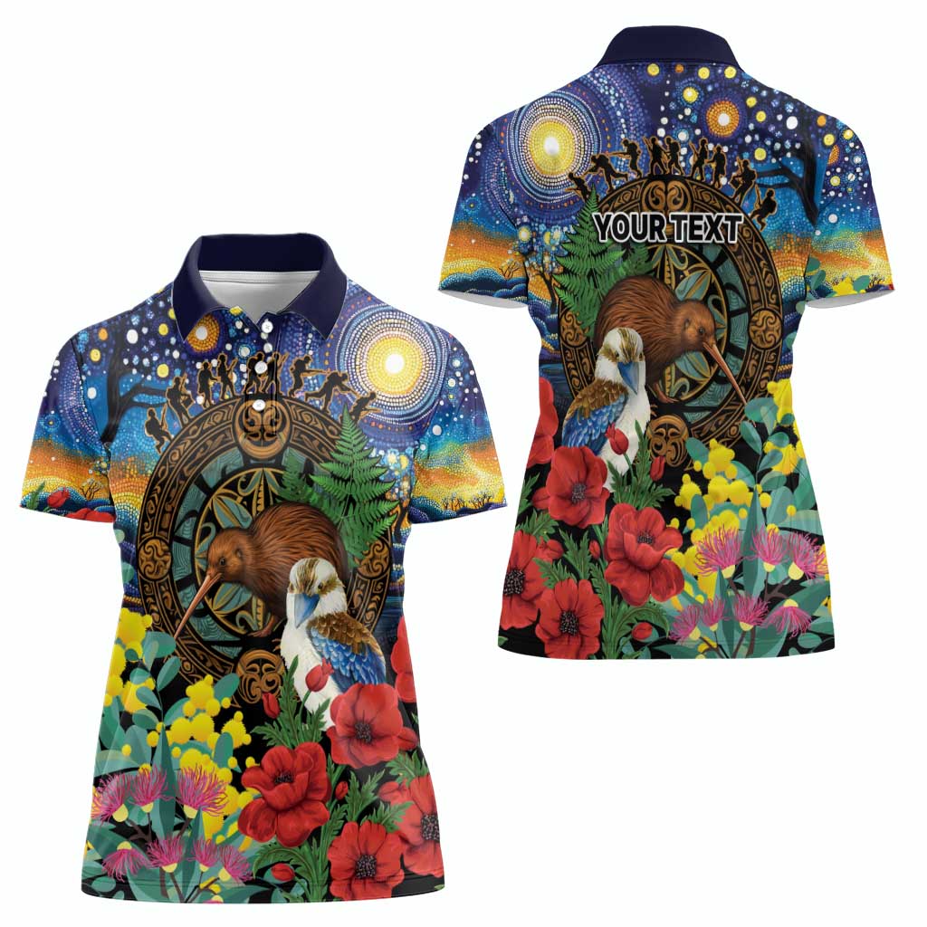 Kiwi-Kookaburra Bird ANZAC Personalised Women Polo Shirt Aussie Golden Wattle Poppy Flowers