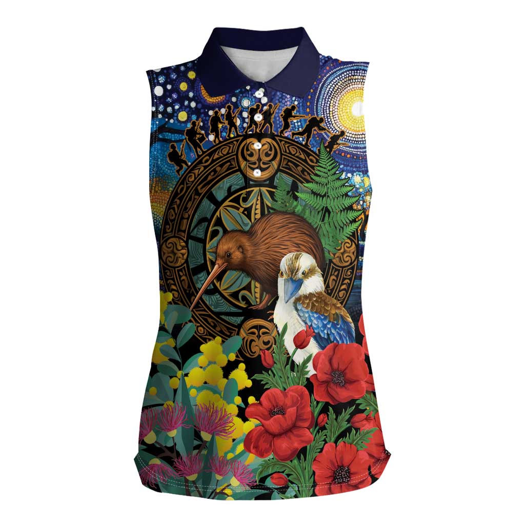Kiwi-Kookaburra Bird ANZAC Personalised Women Sleeveless Polo Shirt Aussie Golden Wattle Poppy Flowers