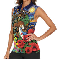 Kiwi-Kookaburra Bird ANZAC Personalised Women Sleeveless Polo Shirt Aussie Golden Wattle Poppy Flowers