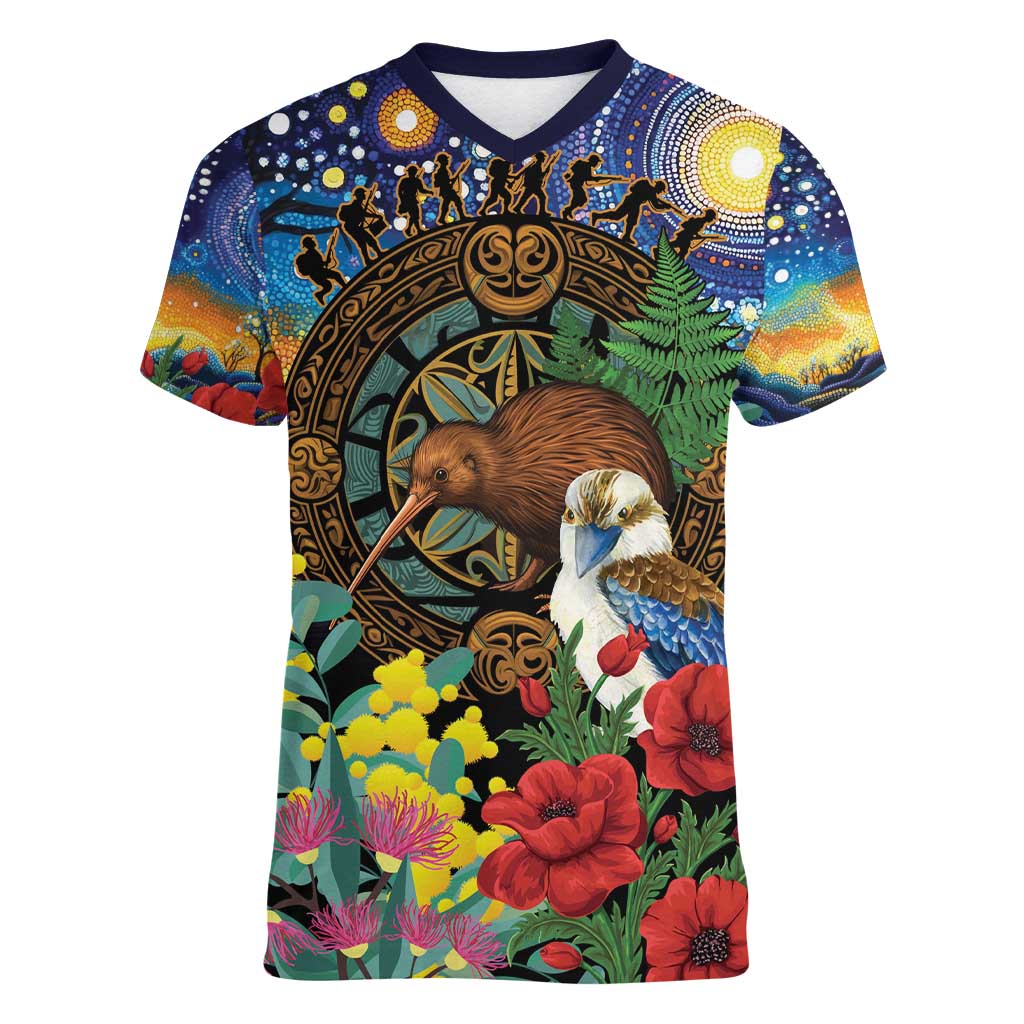Kiwi-Kookaburra Bird ANZAC Personalised Women V-Neck T-Shirt Aussie Golden Wattle Poppy Flowers
