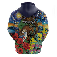 Kiwi-Kookaburra Bird ANZAC Personalised Zip Hoodie Aussie Golden Wattle Poppy Flowers