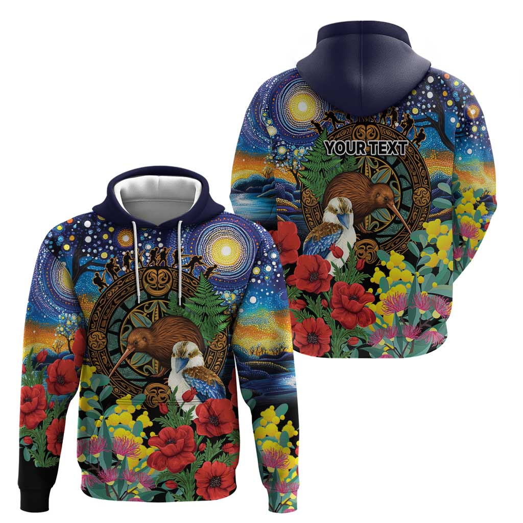 Kiwi-Kookaburra Bird ANZAC Personalised Zip Hoodie Aussie Golden Wattle Poppy Flowers