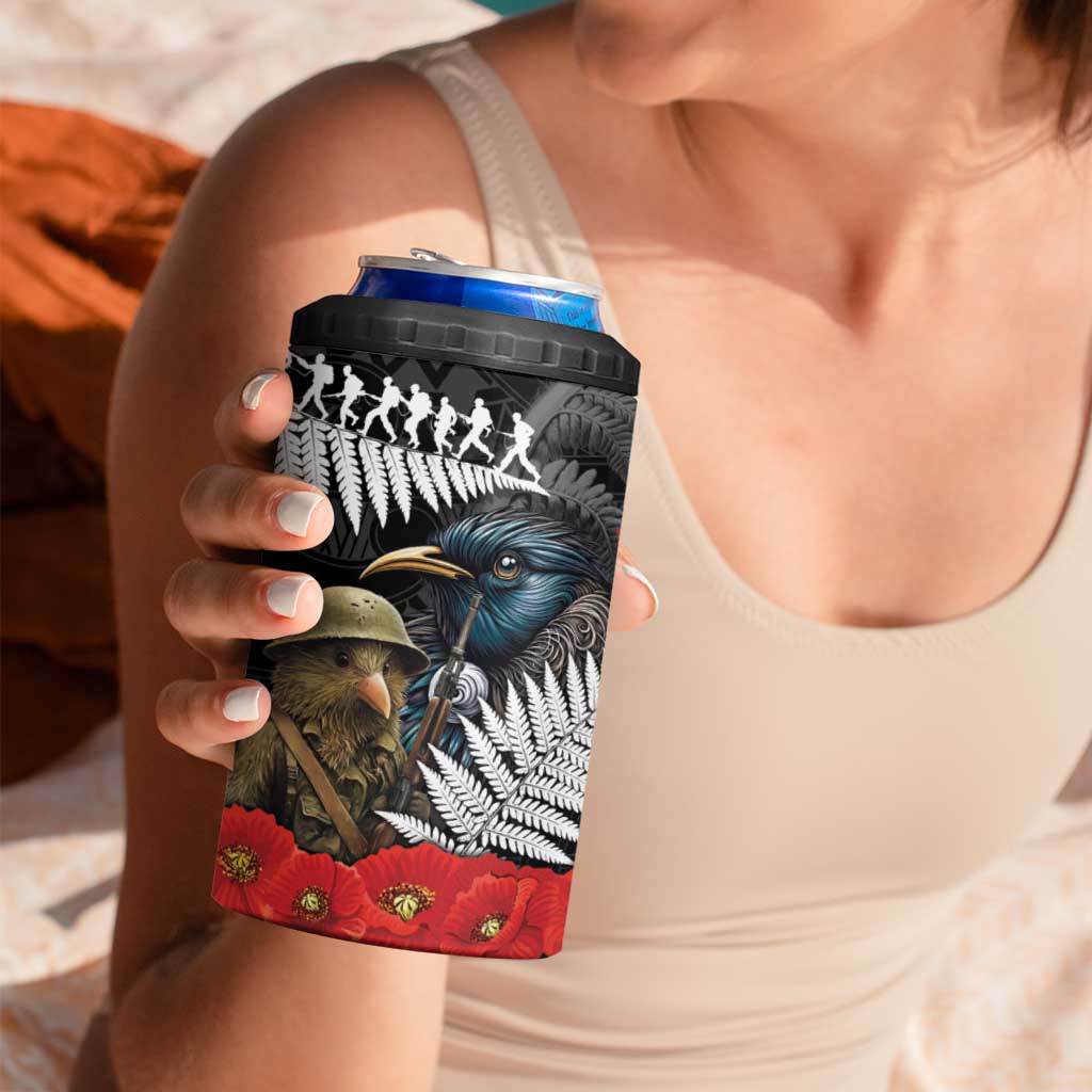 Kiwi-Tui Bird Soldier ANZAC Day Personalised 4 in 1 Can Cooler Tumbler Maori Silver Fern Motif