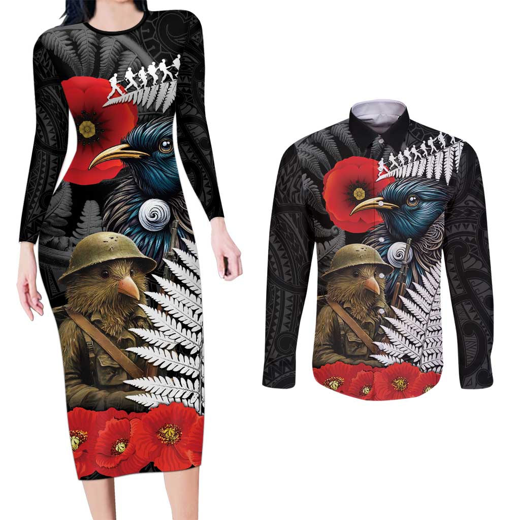Kiwi-Tui Bird Soldier ANZAC Day Personalised Couples Matching Long Sleeve Bodycon Dress and Long Sleeve Button Shirt Maori Silver Fern Motif