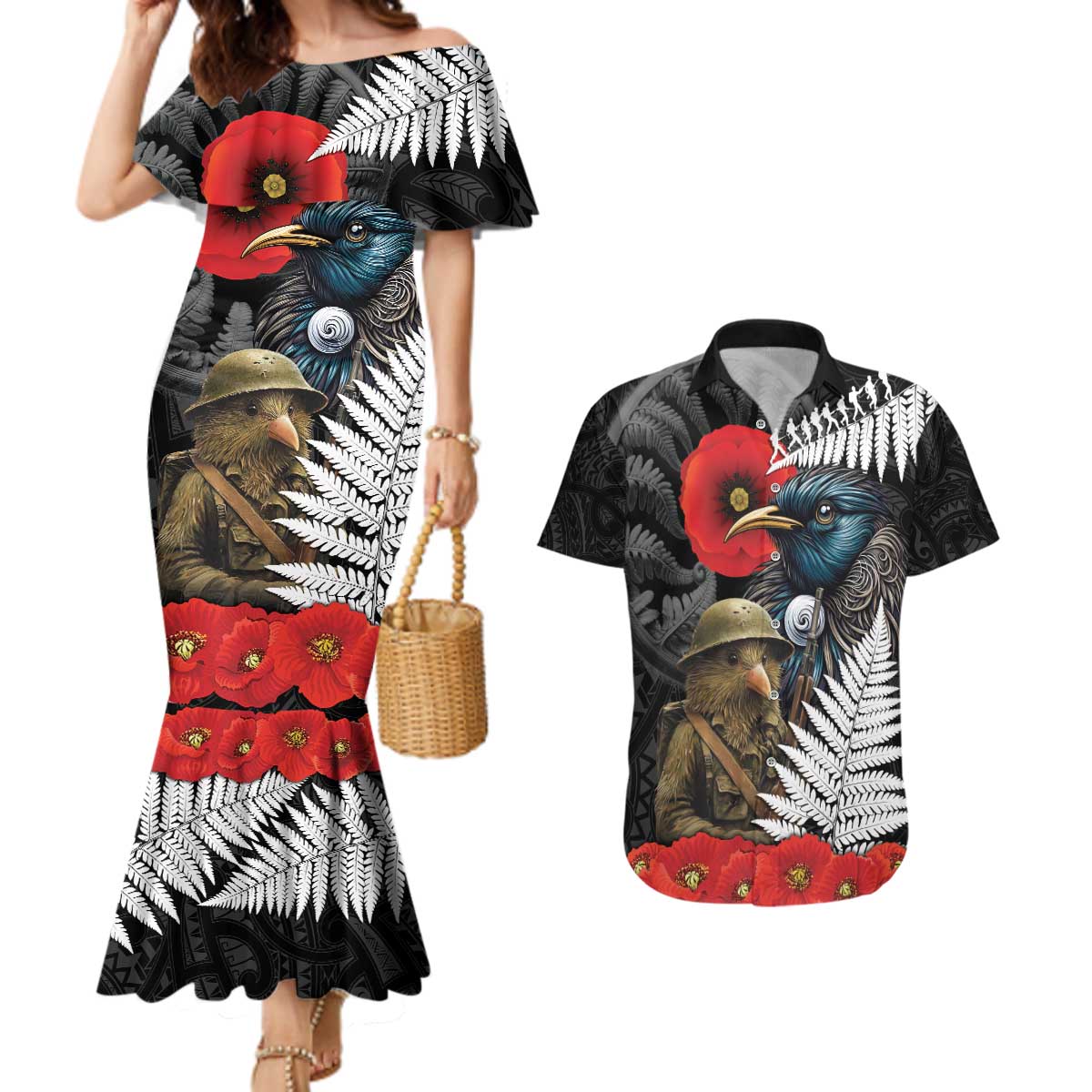 Kiwi-Tui Bird Soldier ANZAC Day Personalised Couples Matching Mermaid Dress and Hawaiian Shirt Maori Silver Fern Motif